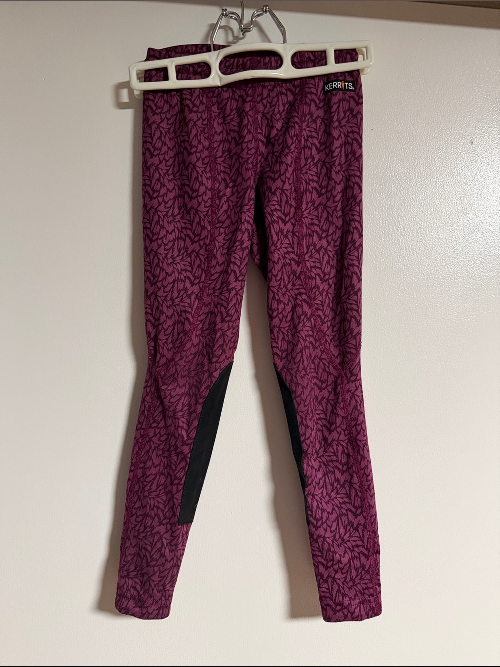 Kerrits Plum Leaf-Print Riding Leggings with Black Knee Patches